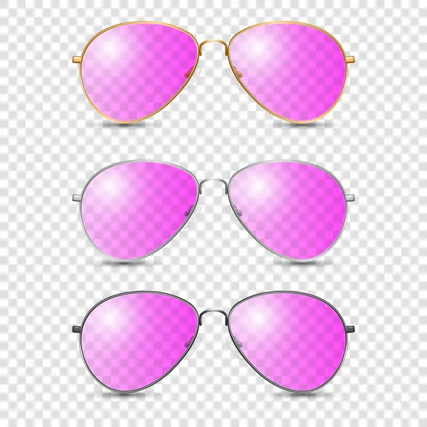 ピンクガラスのベクトル3Dリアルなフレームグラス ブラック ゴールデン シルバーカラーフレーム 女性と男性のためのピンク透明サングラス アクセサリー 光学系 レンズ ヴィンテージ トレンドグラス — ストックベクタ