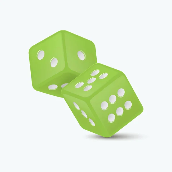 白のドットとベクトル3D現実的な緑のゲームのダイスは 白の背景に隔離された閉鎖を設定します 異なる位置でのギャンブルのためのゲームキューブカップル カジノのダイス ラウンドエッジ — ストックベクタ