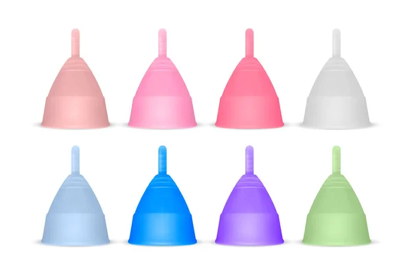 Vector Realistische Menstruationshygiene Silikon Tassen Icon Set Großaufnahme Isoliert Weibliche — Stockvektor