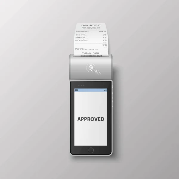 承認されたステータスと紙の領収書を持つベクトル3DホワイトNfc支払い機 Wireless Payment Pos端末 銀行決済の機械設計テンプレート非接触端末 モックアップ トップ表示 — ストックベクタ
