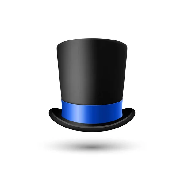 ベクトル3Dリアルなブラックトップ帽子アイコンブルーリボンクローズアイソレーション付き クラシックレトロヴィンテージトップ帽子 ヴィンテージ紳士メンズ帽子 フロントビュー — ストックベクタ