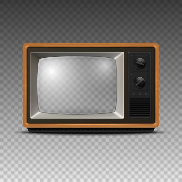 矢量3D现实复古木电视接收机Icon与透明屏闭锁隔离 家庭室内设计概念 复古电视画框 — 图库矢量图片