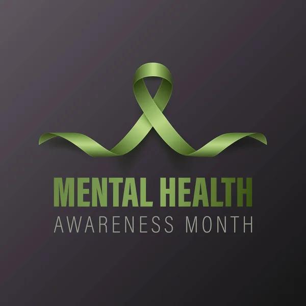 Mental Health Awareness Month Banner, Card, Placard with Vector 3d Realistic Green Ribbon on Black Background. Mental Health Awareness Month - May - Symbol Closeup. World Mental Health Day Concept.