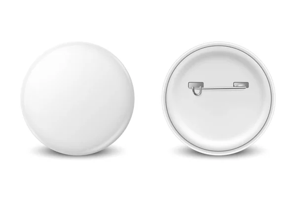 Vecteur Réaliste Blanc Rond Métal Plastique Blanc Bouton Vide Badge — Image vectorielle