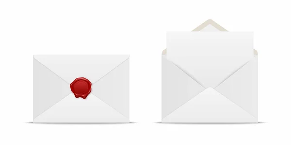 Vetor Realista Branco Envelope Fechado Com Selo Cera Vermelha Envelope —  Vetores de Stock