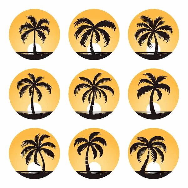病媒棕榈树 棕榈树图标集隔离 日落背景上的棕榈轮廓 设计热带 夏季概念模板 病媒说明 — 图库矢量图片