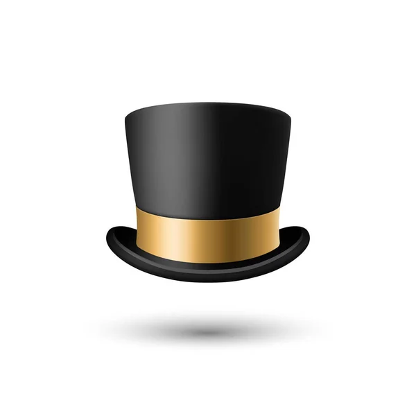 ベクトル3Dリアルなブラックトップの帽子アイコンゴールデンリボンの閉鎖を隔離しました クラシックレトロヴィンテージトップ帽子 ヴィンテージ紳士メンズ帽子 フロントビュー — ストックベクタ