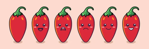 Векторный Мультфильм Cute Смешной Набор Значков Red Hot Chili Pepper — стоковый вектор