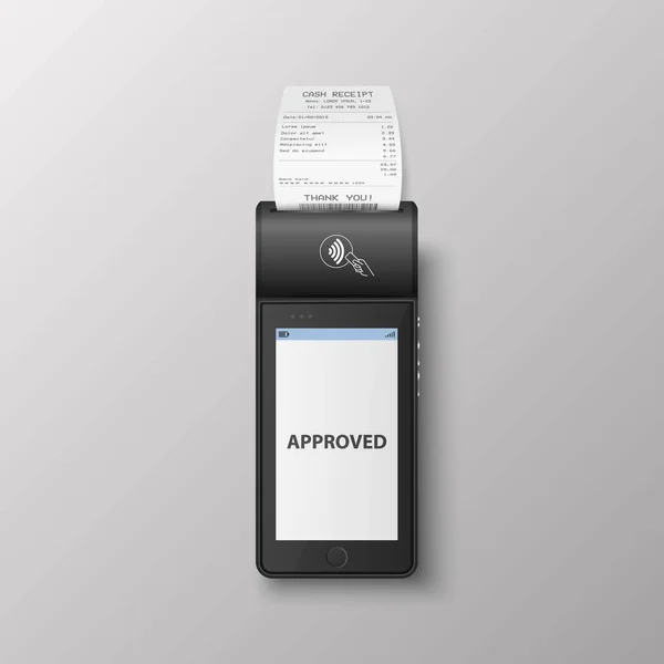Vector Black Nfc Onaylanmış Statü Kağıt Makbuzu Ile Ödeme Makinesi — Stok Vektör