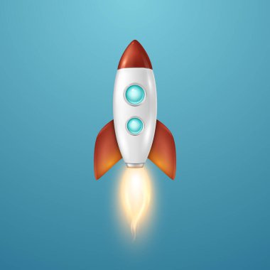 Mavi Gökyüzü Arkaplanı 'nda Vektör Retro Uzay Roketi Fırlatması. Space Rocket İş için Tasarım Şablonu, Başlangıç Projesi, Geliştirme Süreci, Yaratıcı Fikir vs..