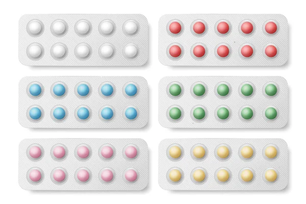 Vector Realistic Pharmaceutical Medical Pills Vitamins Capsule Blister Set Κλείσιμο — Διανυσματικό Αρχείο