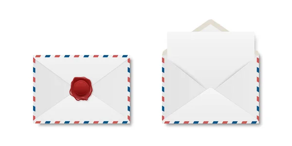 Enveloppe Papier Blanc Réaliste Vectoriel Fermée Avec Sceau Cire Rouge — Image vectorielle