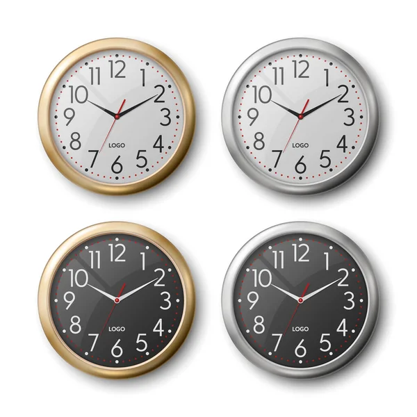 Vector Realistische Ronde Metalen Zilver Gouden Kleur Wall Office Clock — Stockvector