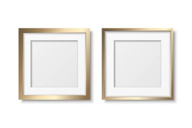 Vektör 3d Gerçekçi Sarı Metal, Altın Renkli Dekoratif Vintage Çerçeve Seti, Kenarlık Simgesi Kapatma İzole edildi. Resim ve Kenarlık Tasarımı için Kare Fotoğraf Çerçeve Tasarımı Şablonu.