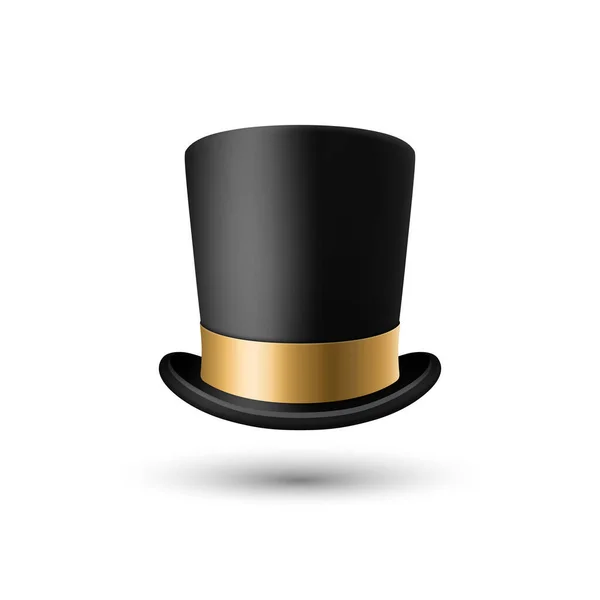 ベクトル3Dリアルなブラックトップの帽子アイコンゴールデンリボンの閉鎖を隔離しました クラシックレトロヴィンテージトップ帽子 ヴィンテージ紳士メンズ帽子 フロントビュー — ストックベクタ