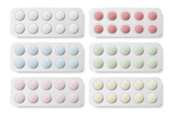 ベクトル現実的なラウンド医薬品薬薬薬薬薬 ビタミン ブリスターセットのカプセルは隔離されています Pills Design Template Collection フロント トップビュー 健康の概念 — ストックベクタ