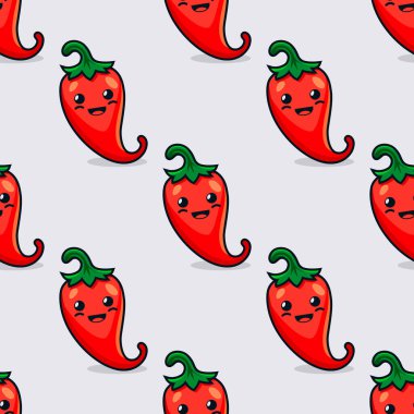 Çizgi film şirinliği ve komik kırmızı acı biberli vektörsüz şablon. Kawaii stili. Gülümseyen yüzlü taze acı biber, Mutlu Duygular. Vektör İllüstrasyonu.