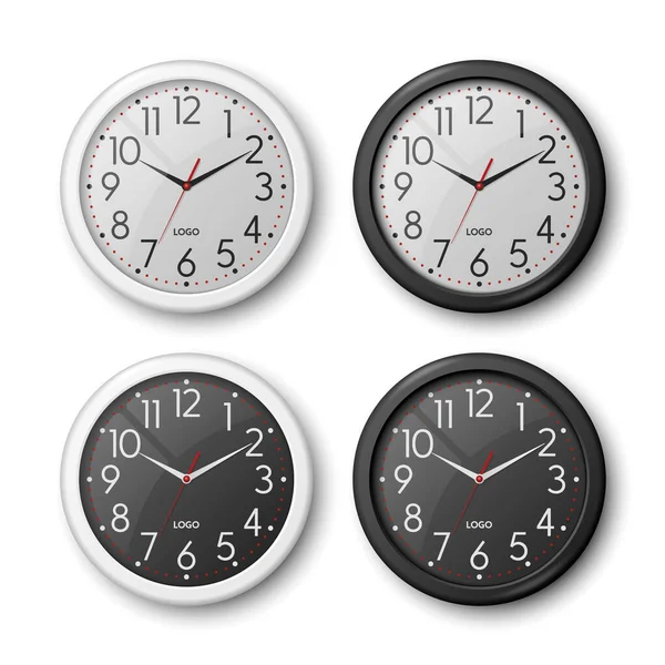矢量3D写实主义圆形黑色 白色色墙办公室时钟与黑色 白色时钟拨号盘闭锁隔离 采购产品手表 设计模板 品牌的模型 — 图库矢量图片