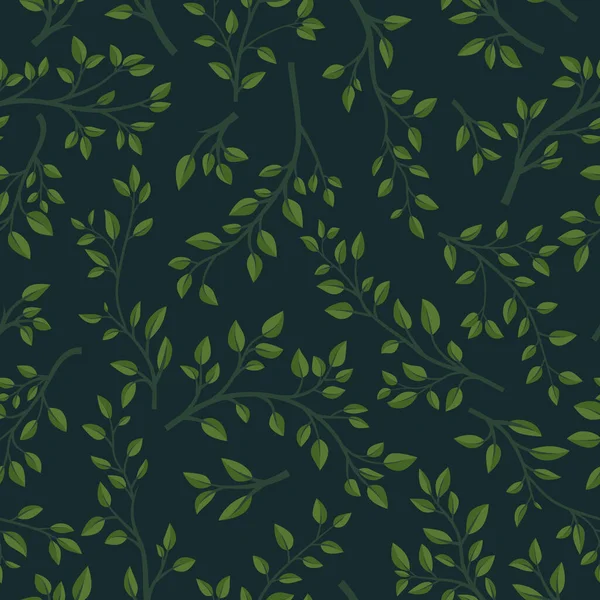 在黑色上有绿色树梢的向量无缝图案 带绿叶的平面卡通假发 采购产品春天 夏季设计 病媒图解 — 图库矢量图片