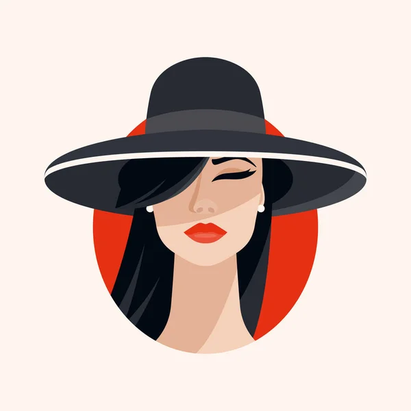 Vector Hermosa Mujer Con Sombrero Grande Labios Rojos Estilo Plano — Vector de stock