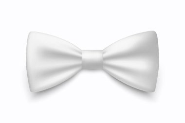 Vektör 3d Gerçekçi Beyaz Fiyonk Kravat Simgesi Kapanışı Beyaz Arkaplanda izole edildi. İpek Parlak Çizgili Bowtie, Kravat Centilmeni. Model, Tasarım Şablonu. Erkek için papyon. Erkekler Moda, Babalar Günü Tatili.