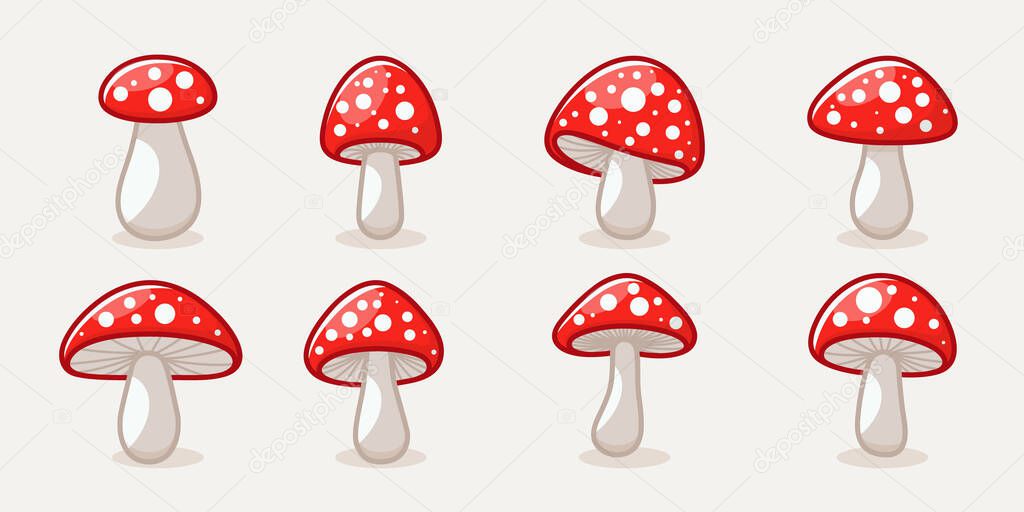 Vector Flat Mushroom Icon Set Isolated. Amanita Muscaria, Fly Agaric Sign, Mushrooms Collection. Magic Mushroom Symbol, Design Template. Vector illustration.