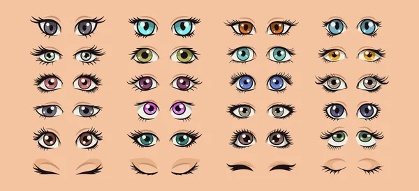 Vector Cartoon Γυναικεία Μάτια Συλλογή Όμορφες Έγχρωμες Γυναίκες Άνοιξε Και — Διανυσματικό Αρχείο