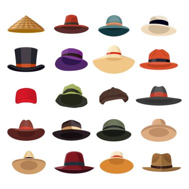 Vektör Farklı Şapkalar. Kadın, Kadın ve Erkek Şapkası, Kaptan Simgesi İzole Edildi. Summer Beach Baş Aksesuar, Geleneksel Çiftçi Heat Şapka Koleksiyonu. Ön Görünüm.