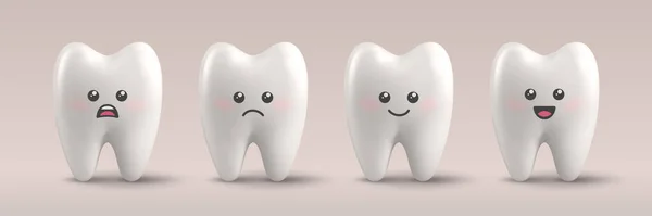 ベクトル3D現実的な歯セット 異なる感情 顔の表情 ハッピー 悲しい 笑顔の歯 歯科検査バナー 顔を持つ歯の文字 歯科設計 歯科健康の概念 — ストックベクタ