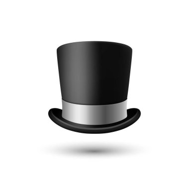 Vektör 3d Gerçekçi Siyah Silindir Şapka Simgesi Gümüş Renk Kurdeleli Kapanış Beyaz Arkaplan 'da izole edildi. Klasik Retro Vintage Top Hat, Vintage Gentlemans Mens Hat, Front View.