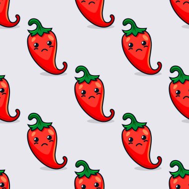 Çizgi Film Sevimli ve Komik Korkutan Kırmızı Acı Biberli Vektör Kusursuz Kalıp. Kawaii stili. Üzgün Yüzlü Taze Acı Biber, Üzgün Duygu. Vektör İllüstrasyonu.