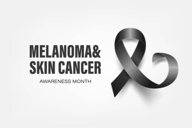 Melanoma, Cilt Kanseri Banner, Kart, Beyaz Arkaplanda 3 boyutlu Siyah Kurdeleli Plaket. Melanoma, Cilt Kanseri Bilinci Ay Sembol Kapanışı, Mayıs. Dünya Melanoma Günü Konsepti.