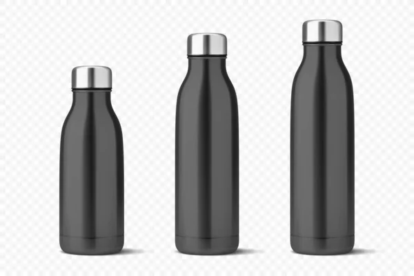 Vector Realistic Black Empty Glossy Metal Reusable Water Bottle Silver — Stock Vector