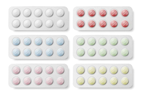 Vektor Realisztikus Kerek Gyógyszerészeti Orvosi Tabletták Vitaminok Kapszula Buborékcsomagolásban Szorosan — Stock Vector