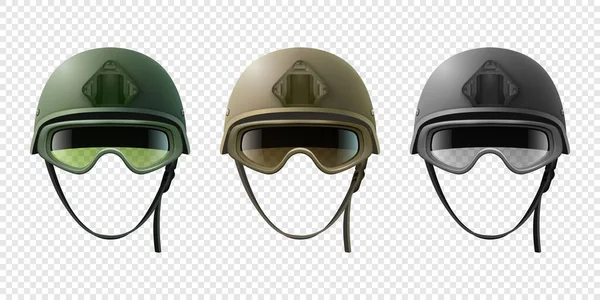 矢量3D现实军事头盔图标集与保护眼镜 闭锁隔离 Helmet 陆军的防卫与保护象征 士兵辅助设计模板 — 图库矢量图片