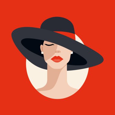 Büyük Şapkalı ve Kırmızı Dudaklı Güzel Kadın Vektörü. Dayanışma İnsanları ve Kadın Hakları Konsepti. Feminizm, Protesto, Asi, Devrim Plackard, Web Afişi, Tişört Baskısı.