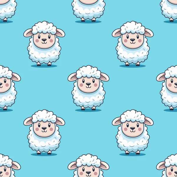 具有蓝色背景的有趣可爱羊的矢量无缝图案 卡通羊绒无缝面料 纺织品 儿童壁纸设计 蓝色站立羊的无缝制结构 — 图库矢量图片