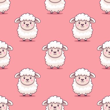 Pembe Arkaplanda Komik Şirin Koyunlu Kusursuz Şablon. Çizgi film Koyunsuz Doku, Tekstil, Çocuklar için Duvar Kağıdı Tasarımı. Pembe Üzerinde Ayakta Koyun Durduran Kusursuz Doku.