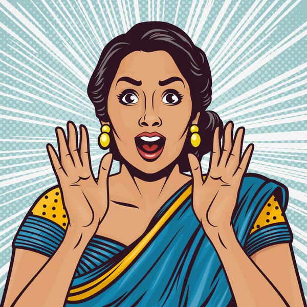 带有印度女人的矢量旗帜 牵着手 手掌靠近她的脸颊 流行艺术漫画风格 招贴画销售 折扣招贴画 传单卡 美丽而惊讶的女人 — 图库矢量图片