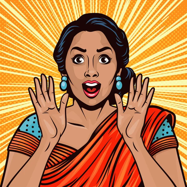 Vector Banner Ινδική Γυναίκα Wow Face Κρατώντας Χέρια Χέρια Παλάμες — Διανυσματικό Αρχείο