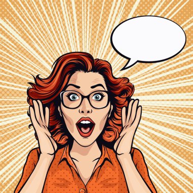 Vector Banner with Woman, Wow Face, Tokalaşan Eller, Kollar, Avuçlar Pop Art Comic Style 'da yanaklarına yakın. Satılık Poster, İndirimli Pankart, İlan Kartı. Güzel Şaşkın Kadın.