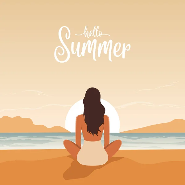 ベクトルフラット若い女性ビーチで日没に座って リゾートを楽しみ 夏のシーサイドサンドビーチでリラックスし バックビュー 夏のコンセプト 青い海の景色の背景 — ストックベクタ
