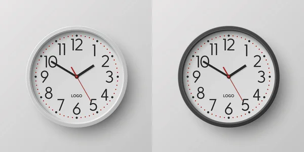 矢量3D现实的圆形黑色 白色色墙办公室时钟与白色时钟拨号盘闭锁隔离 采购产品手表 设计模板 品牌的模型 — 图库矢量图片