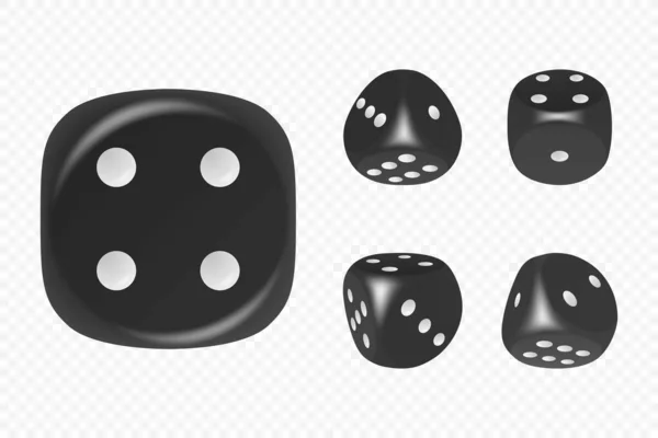 異なる位置に設定されたホワイトドットとベクトル3D現実的なブラックゲームダイスは隔離されました ギャンブルゲームデザイン カジノ ポーカー テーブルトップ ボードゲーム 丸みを帯びたエッジを持つ現実的なキューブ — ストックベクタ