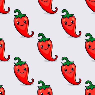 Çizgi Film Sevimli ve Komik Korkutan Kırmızı Acı Biberli Vektör Kusursuz Kalıp. Kawaii stili. Üzgün Yüzlü Taze Acı Biber, Üzgün Duygu. Vektör İllüstrasyonu.
