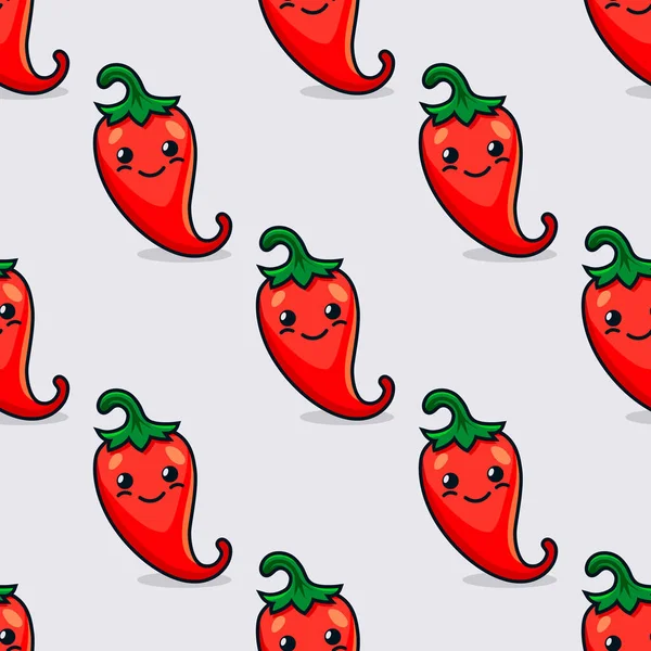 Vector Seamless Pattern with Cartoon Cute and Funny Scares Red Hot Chili Peppers. Kawaii Style. Fresh Chili Hot Pepper with Sad Face, Upset Emotion. Vector Illustration.
