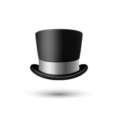 Vektör 3d Gerçekçi Siyah Silindir Şapka Simgesi Gümüş Renk Kurdeleli Kapanış Beyaz Arkaplan 'da izole edildi. Klasik Retro Vintage Top Hat, Vintage Gentlemans Mens Hat, Front View.