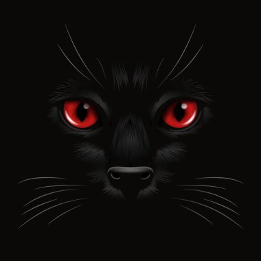 Vektör 3d Karanlıktaki Kara Kedi 'nin Gerçekçi Kırmızı Kedileri Gözü, Gece. Kırmızı, Kedi Yüzlü Evet, Burun, Siyah Bıyıklı. Cat Closeup Karanlıkta Bak. Ön Görünüm.