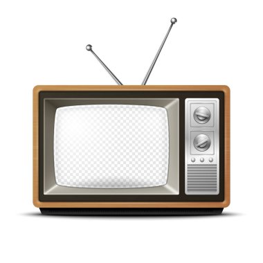 Tahta Çerçeve ve Şeffaf Ekranlı Vektör Retro TV Alıcısı izole edildi. Ev Tasarımı Konsepti. Klasik TV Frame Design Şablon, Sınır. Televizyon Konsepti. Ön Görünümde TV Ayarları.