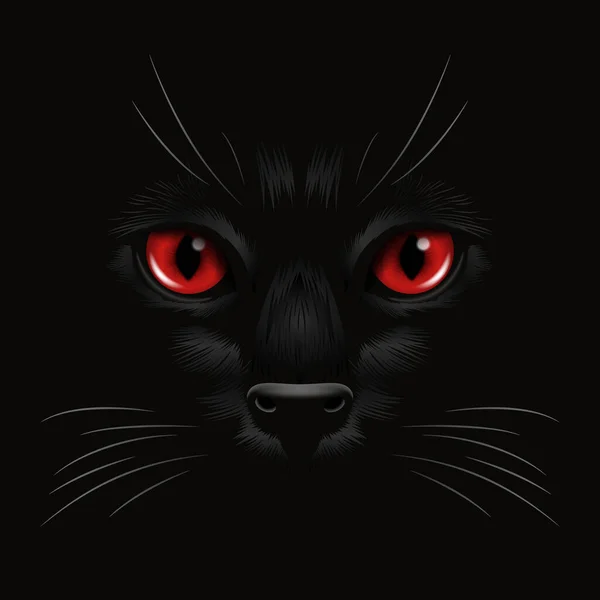 黑暗中一只黑猫现实的红猫的眼睛 在夜晚 有是的 胡须在黑色 猫的衣服在黑暗中看 — 图库矢量图片